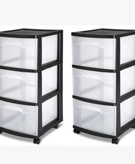 Sterilite 28309002 3 Drawer Cart, Black Frame with Clear Drawers and Black Casters, 2-Pack